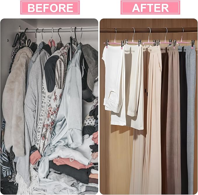 POZEAN Pants Hangers with Clips for Women 50 Pack, 12Inch Adjustable Heavy Duty Skirt Hangers, Space Saving Non-Slip Shorts Jeans Trousers Clothes Hangers, Pink