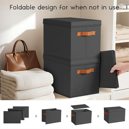 Homsorout Storage Bins with Lids - Fabric Storage Baskets for Shelves, 4 Pack Foldable Decorative Boxes with Handles, Stackable Organizer Bins for Home, Nursery, Dorm, Black