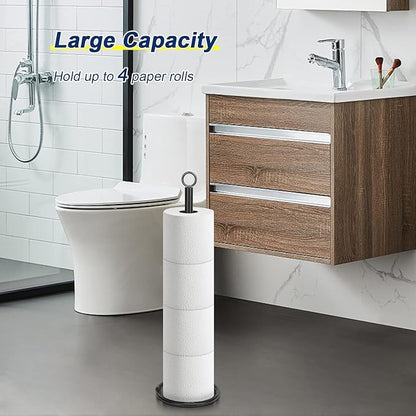 NearMoon Bath Toilet Paper Holder Stand, Freestanding Tissue Paper Storage with Reserve, Space Toilet 4 Rolls Holder for Bathroom/Kitchen Countertop-All Metal (1 Pack, Matte Black)