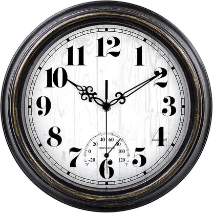 zyzamay 12 Inch Indoor Outdoor Clocks,Waterproof Wall Clock with Thermometer,Easy to Read,Non-Ticking Battery Operated Quality Quartz Clock, Decorative for Patio,Porch,Pool,Bathroom(BlackGold)
