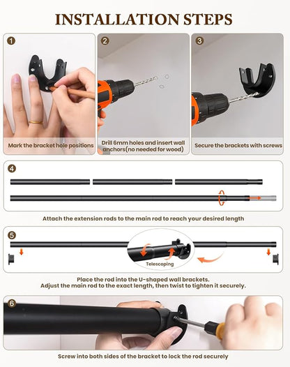 Heavy Duty Closet Rod, 17-28 IN Closet Rods for Hanging Clothes, Black