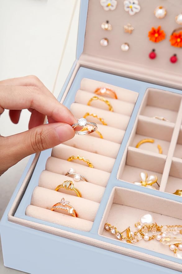 QBestry Girls Jewelry Box Earring Holder Organizer for Girls Jewelry Organizer Box Stud Earrings Organizer for Girls Womens Blue Jewelry Box for Earrings and Necklaces Rings Stud Earrings Box for Teen