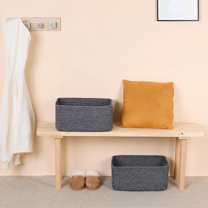 MiniArk Large Storage Baskets for Shelves, Closet Organizers Bins for Clothes Blanket Towels, Baby Nursery, Toy Baskets Box, Woven Rope Baskets, 17 x 13 x 7.5”, 2 Packs Dark Gray