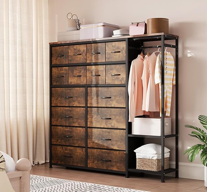 GarveeHome Dresser with 16 Drawers & Hanging Rod & Shelves, Fabric Storage Organizer for Bedroom, Closet, or Entryway