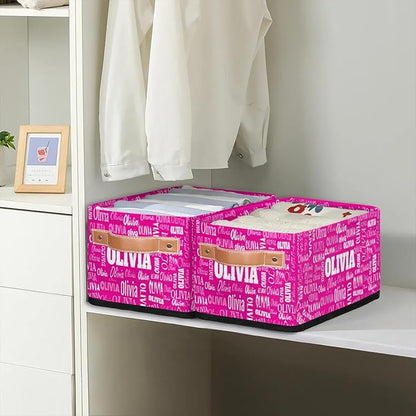 Personalized Name Small Storage Basket with Handles, Hot Pink Canvas Storage Bins Toys Organizer for Bedroom, Kitchen, Bathroom, Nursery, Shelves, Closets