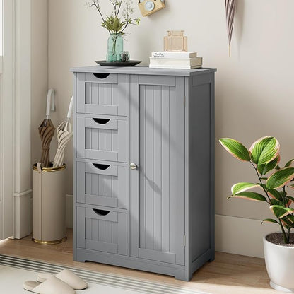 Tangkula Bathroom Floor Cabinet, Freestanding Storage Cabinet with 4 Drawers & Single Door, Adjustable Shelf, Multipurpose Bathroom Storage for Home Office, 21.5 x 12 x 32.5 Inches (Grey)