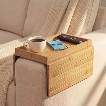 Sofa Arm Tray, Foldable Bamboo Couch Armrest Table with Large 12.5" x 5.8" Storage Compartment, Portable Chair Couch Caddy Arm Tray for Cup TV Snacks Phone