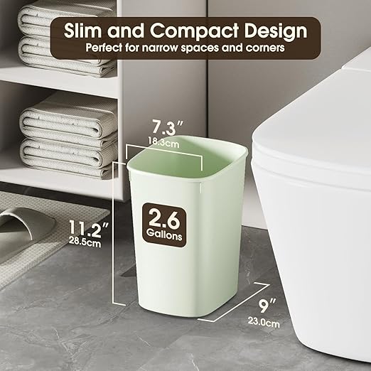 CEROELDA Bathroom Trash Can with Lid, 10L/2.6 Gal Small Garbage Can with Press Top Lid, Slim Plastic Waste Basket for Toilet, Office, Bedroom(Green)