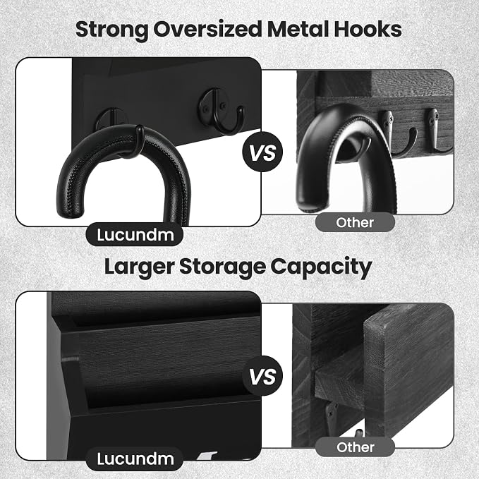 Mail and Key Holder - Decorative 8.86" x 11.42" Wall Key Hanger with 2 Mail Organizer Slots and 3 Hooks - Real Paulownia Wood with Keyhole Brackets, Hardware and Instructions (Black)