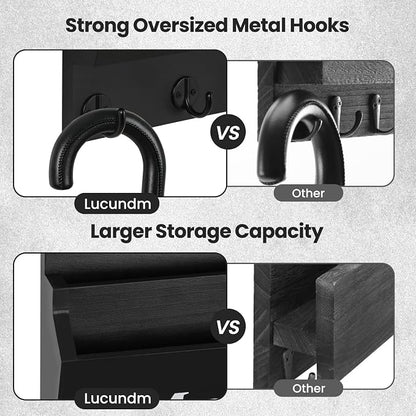 Mail and Key Holder - Decorative 8.86" x 11.42" Wall Key Hanger with 2 Mail Organizer Slots and 3 Hooks - Real Paulownia Wood with Keyhole Brackets, Hardware and Instructions (Black)