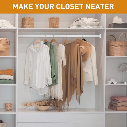 White Adjustable Closet Rod 18-63 Inches, Heavy Duty Metal Clothes Hanging Rod, Rust-Proof Non-Slip Wardrobe Bar for Closet, Laundry Room, RV