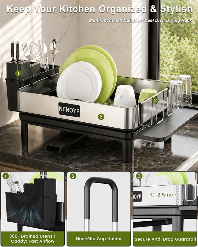 Dish Drying Rack, 304 Stainless Steel Dish Rack and Drainboard Set, Rustproof Dish Drainer with Anti-Pooling Automatic Drainage, Large Capacity Kitchen Counter Organizer, Black