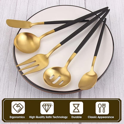VANVRO Matte Black Gold Serving Silverware Set, 5-Piece Round Shared Utensils Set of Stainless Steel, Hostess Flatware Serving Set, Satin Finish, Dishwasher Safe