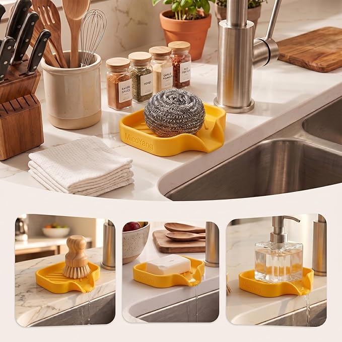 MicoYang Silicone Soap Dish with Drain Spout, Self-Draining Sink Organizer Tray for Bathroom and Kitchen, Sponges, Dispensers and Soap Holder, Non-Slip & Dishwasher Safe, Yellow (Compact, 4.9"×3.2")