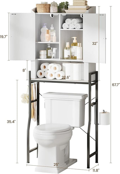 Over The Toilet Storage Cabinet, Over Toilet Organizer with 2-Door & Metal Stand, Bathroom Organizers and Storage with Adjustable Shelves for Bathroom, Restroom, Laundry, White