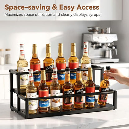 Nuovoware Expandable Coffee Syrup Organizer, 2-Tier Syrup Rack Holds 10-16 Bottles, Adjustable Width Carbon Steel Coffee Bar Organizer for Countertop Kitchen Bar, Liquor Dressing Seasoning, Black