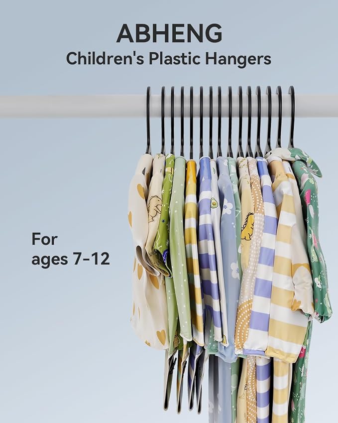 Plastic Kids Hangers, Pack of 100, Ultra Slim Closet Hangers, Non-Slip, Space-Saving, Sturdy, 14" W x 7" H (for Children Aged 7-12 Years), Black, UAPY07100B