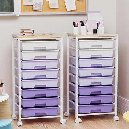 Rolling Cart with 8 Drawers, Storage Drawers Cart with Wooden Tabletop and Lockable Wheels, Craft Storage for Living Room, Office, Classroom, Craft Room, Bedroom (Purple)