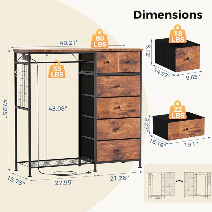 OLIXIS 6 Storage for Bedroom with Hanging Rack with LED Lights & Charging Station, Fabric Chest of Storage with Rack, Wooden Top, for Home Living Room Entryway Oak Greige