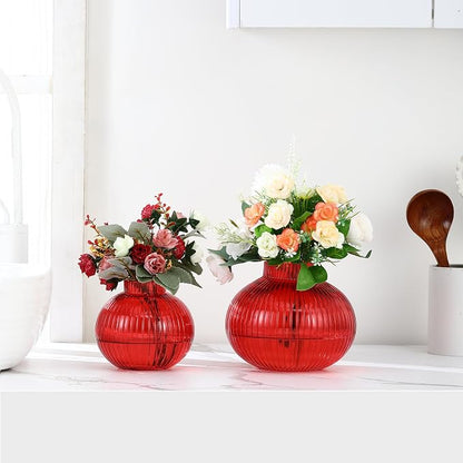 Red Glass Vases for Tulips, Set of 2, Flower Vases for Bouquet, Ribbed Glass Vase for Flowers, Short Vase for Living Room, Office, Coffee Table, Shelf, Wedding