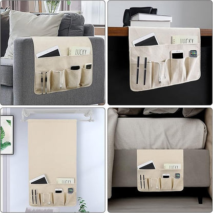 NB Sofa Armrest Organize Remote Holder Bedside Caddy Organizer With 5 Pockets，Non-Slip Couch Remote Control Holder Couch Armchair Caddy Accessories (Beige, 35''X18'')
