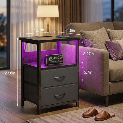 Fixwal Nightstand Set of 2 Night Stand with Charging Station, LED Nightstand with Fabric Drawers, End Table with PU Finish, Bed Side Table, Black
