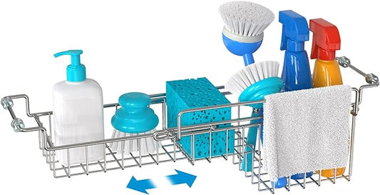 FavoThings Over The Kitchen Sink Caddy Sponge Holder Organizer Drying Rack Expandable for Sponge Brush Soap Dish Cloth Rag Smaller 12.25" to 17.25", Stainless Steel