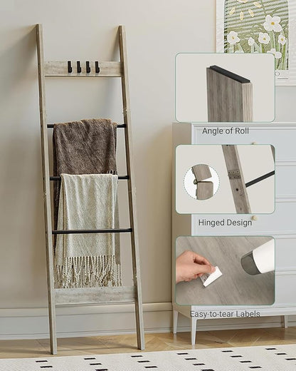 Hzuaneri Blanket Ladder for Living Room, Decorative Quilt Rack with 4 Removable Hooks, 5-Tier Farmhouse Ladder Holder Shelf Organizer for Bedroom, Greige and Black BR02105B