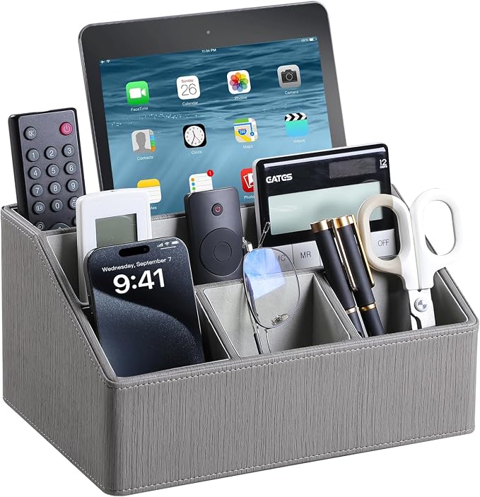 PU Leather Desk Organizer, Luxury Remote Control Holder for Home, Office Desk Accessories Table Caddy Bedside Nightstand Organizer (Grey)