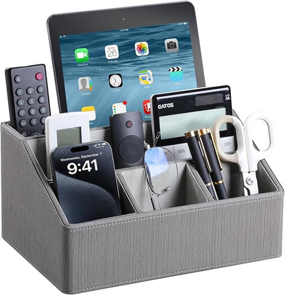 PU Leather Desk Organizer, Luxury Remote Control Holder for Home, Office Desk Accessories Table Caddy Bedside Nightstand Organizer (Grey)