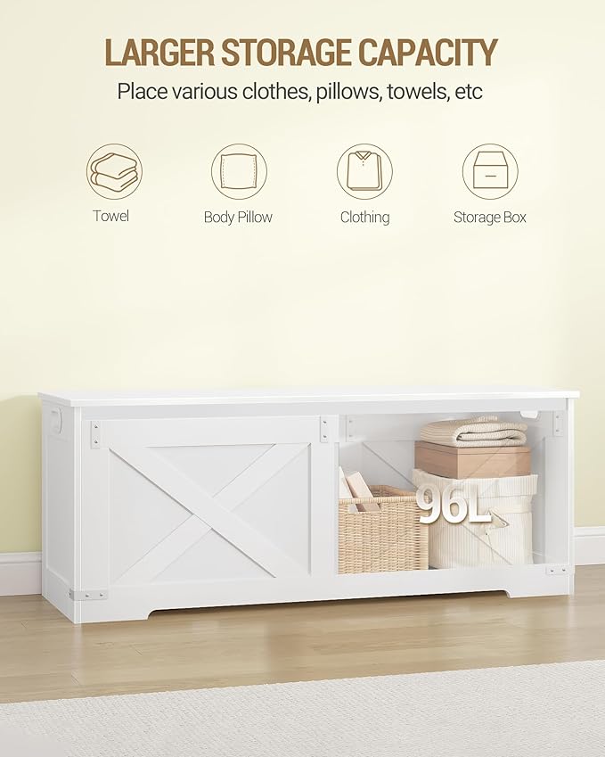 47.2" Storage Chest, Large Storage Trunk with 2 Hinges, Farmhouse Wooden Box Bench, Lift-Top Organizer Chest, Entryway Trunk for Bedroom, Living Room, White SB12103X