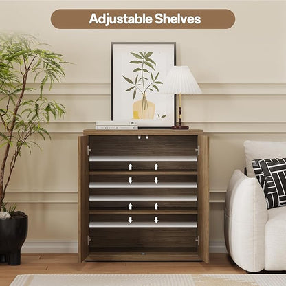 31” Sideboard Cabinet with Storage, Fluted Accent Cabinet with Adjustable Shelves, Modern Wood Credenza Cabinets with Pop-up Doors for Entryway Kitchen Living Room Hallway, Brown 3 Pcs