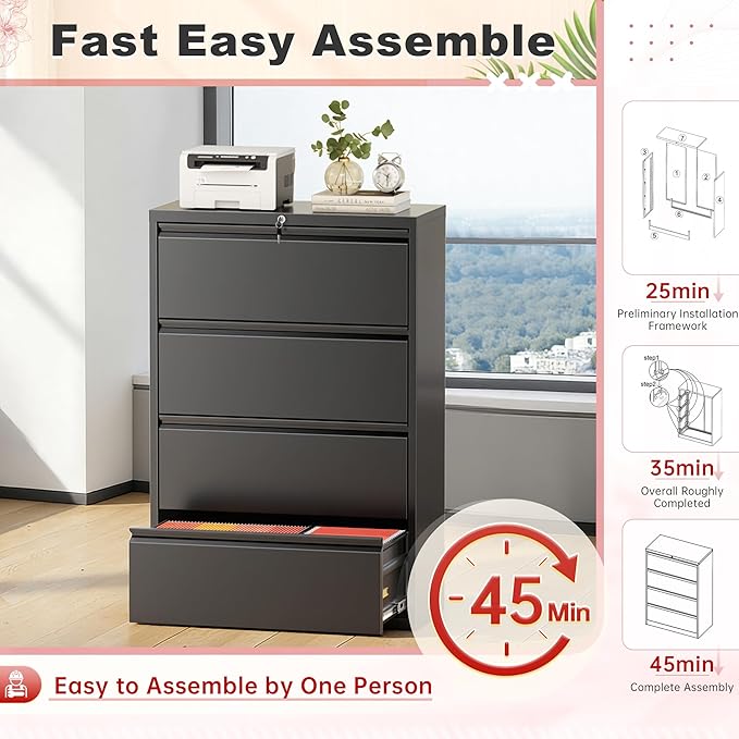Superday Lateral File Cabinet 4 Drawer Metal File Cabinet with Lock, Black Filing Cabinets for Home Office, Locking Filing Cabinets Hanging Files Letter/Legal/F4/A4