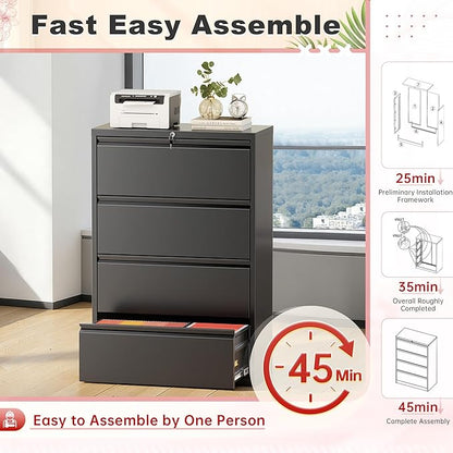 Superday Lateral File Cabinet 4 Drawer Metal File Cabinet with Lock, Black Filing Cabinets for Home Office, Locking Filing Cabinets Hanging Files Letter/Legal/F4/A4