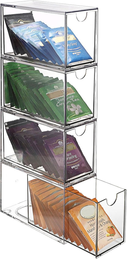 ELLDOO 4 Drawers Tea Bag Organizer, Clear Acrylic Stackable Tea Bag Storage Holder for Kitchen Pantry, Coffee Pod Snack Storage for Countertop Cabinet