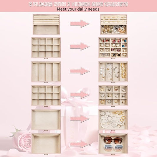 AKOZLIN 6-Tier Jewelry Box Organizer Functional 5 Drawers Leather Jewelry Storage Case for Women Girls Ring Necklace Earring Bracelet Holder Organizer with Mirror Extra Large Champagne Pink