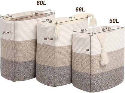 Tall Laundry Basket With Handles,Woven Cotton Rope Big Laundry Hamper Sorters,Versatile Storage for Dirty Clothes,Baby Toys,and Blankets in Bathroom, Nursery,and Living Room (Gradient Brown, 68L)