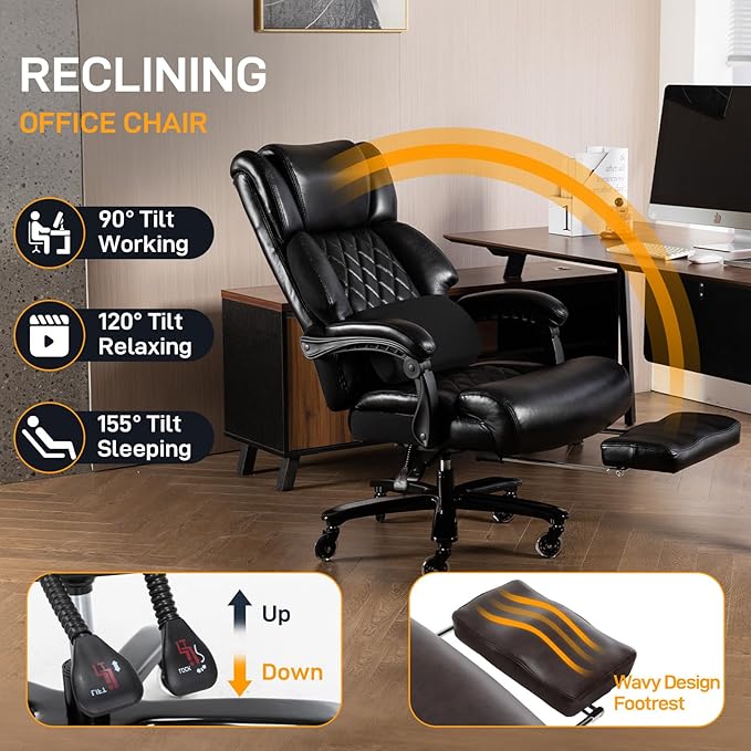 500 LBS Big and Tall Office Chair with Foot Rest High Back Recline Ergonomic Chair for Heavy People, Executive Office Chair Comfortable for Home Office, Large Computer Desk Chair Black