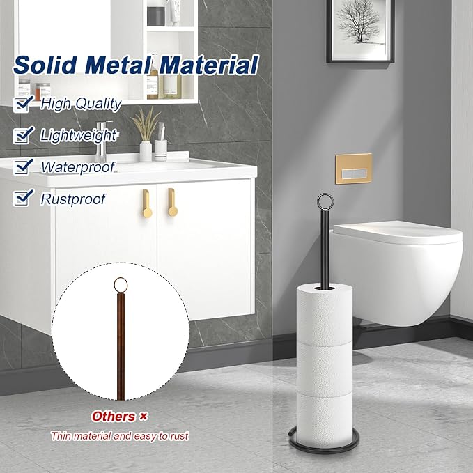 NearMoon Bath Toilet Paper Holder Stand, Freestanding Tissue Paper Storage with Reserve, Space Toilet 4 Rolls Holder for Bathroom/Kitchen Countertop-All Metal (3 Pack, Matte Black)