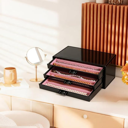 YUFONG Necklace Holder Organizer, Dustproof Necklace Box Velvet Necklace Organizer Box with Lid Clear Acrylic Dustproof Stackable Jewelry Displays for Necklaces Chain Display (Black Pink, 3 Drawer)