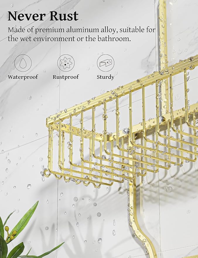 YASONIC Never-Rust Aluminum Hanging Shower Caddy – Over-the-Showerhead Organizer with 10 Hooks for Razor and Sponge – Includes Soap Basket – Gold