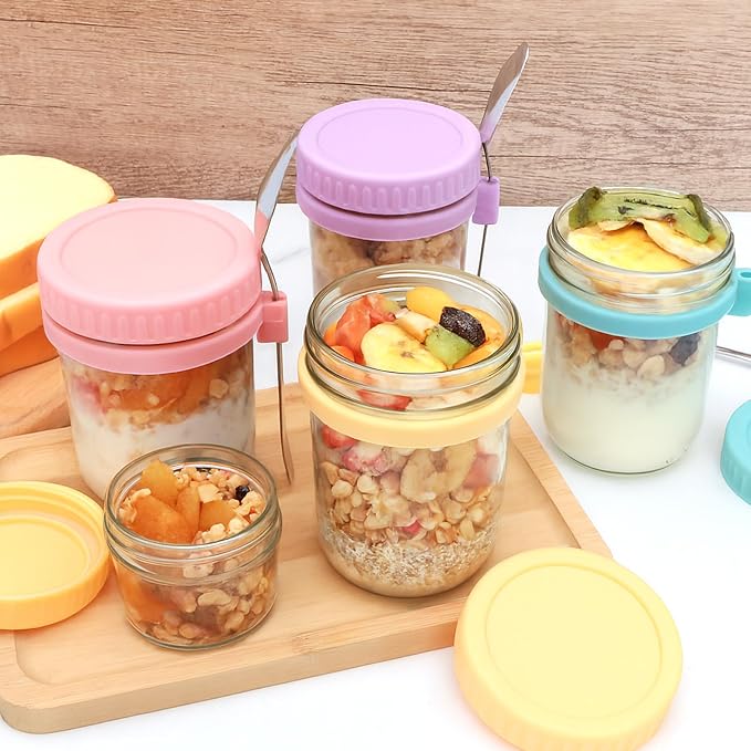 4 Pack Overnight Oats Containers with Lids and Spoons，16 Oz Glass Mason Jars for Overnight Oats Jars, Leak Proof oatmeal Container Meal Prep Jar for Cereal Salad Milk Yogurt Vegetable