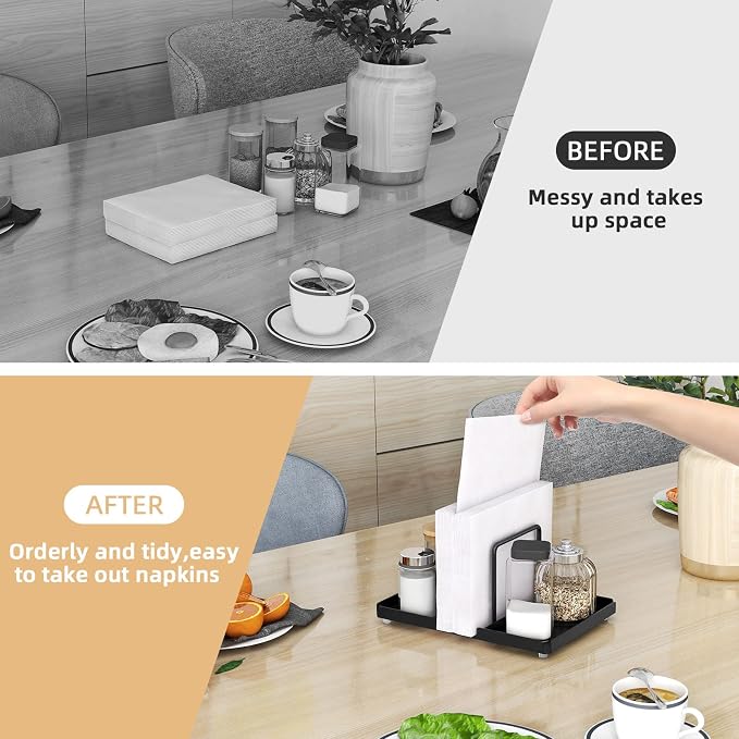 Napkin Holder for Table, Metal Napkin Holder with Salt and Pepper Shakers Caddy, Standing Paper Napkin Storage for Kitchen Dining Table Decor, Black