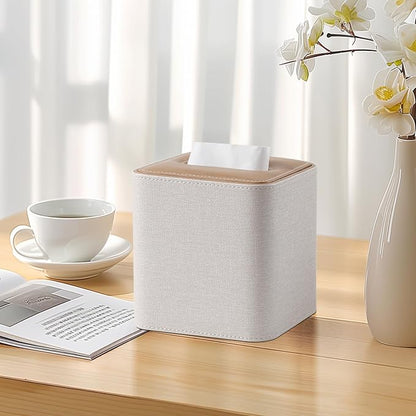 Cretkhp Square Linen Tissue Box Cover with Magnetic Closure, Modern PU Leather Tissue Box Holder for Bathroom Vanity Countertop Night Stands Bedroom Office Desk, Stylish Cube Tissue Holder (Linen)