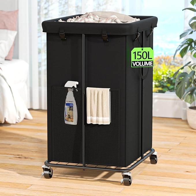 Rolling Laundry Hamper with Wheels – 150L Laundry Basket with Removable Bag & Sturdy Metal Frame, Large Tall Dirty Clothes Hampers for Bedroom, Laundry Room, Apartment, Dorm – Black