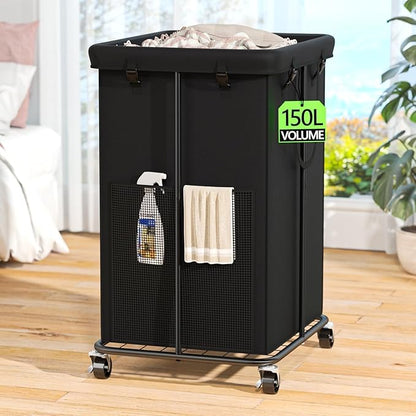 Rolling Laundry Hamper with Wheels – 150L Laundry Basket with Removable Bag & Sturdy Metal Frame, Large Tall Dirty Clothes Hampers for Bedroom, Laundry Room, Apartment, Dorm – Black
