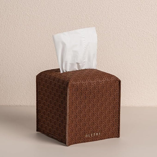 OLETHA Square Tissue Box Cover - Aesthetic Desk Decor for Room, Home & Office - Tissues Cube Boxes Holder - Lattice Patterns, Tan