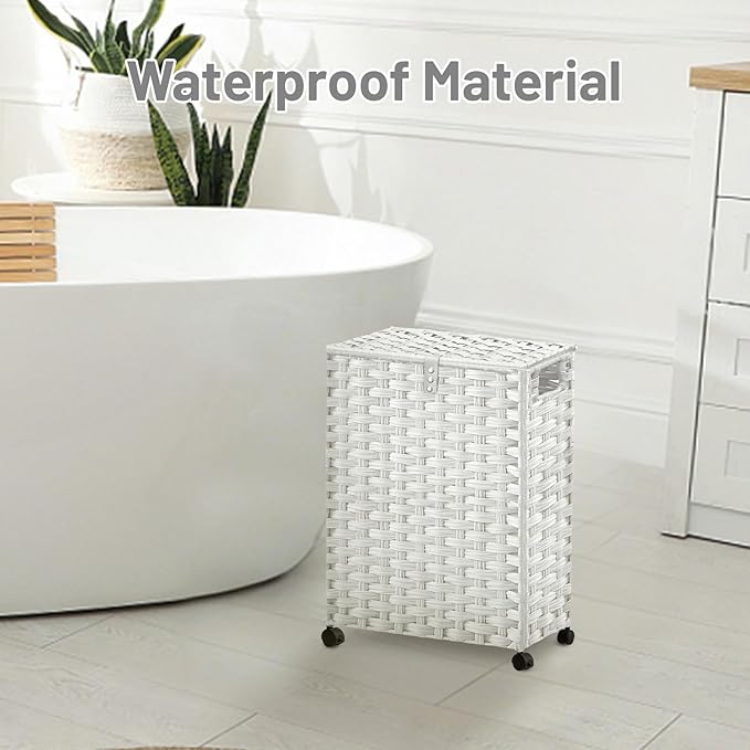 Toilet Paper Storage Basket with Lid and Wheels, Rattan Toilet Paper Holder Storage, Toilet Paper Organizer for Bathroom, Bedroom, Kitchen, 12.6”L x 7.1”W x 17.14”H, White
