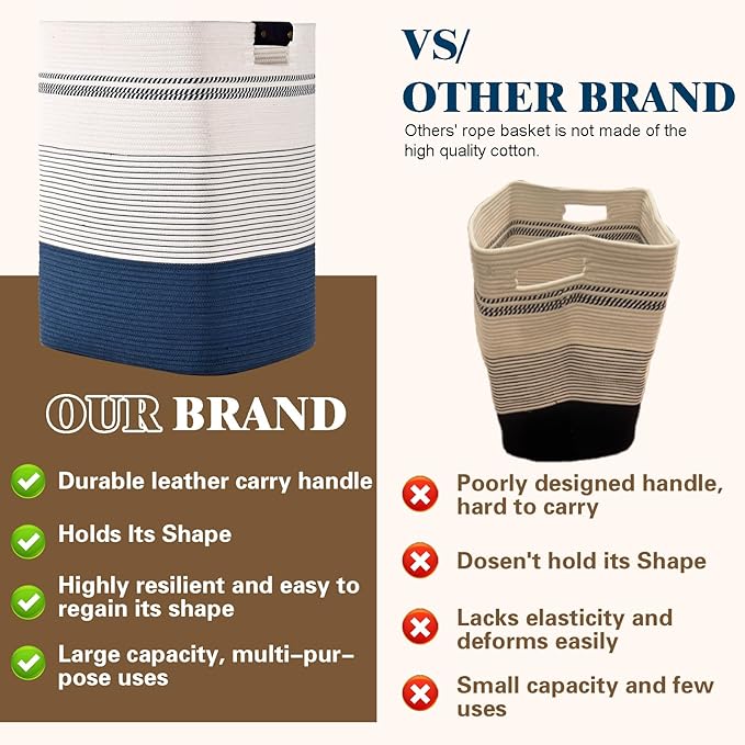 Degeyoyo Laundry Hamper, 95L Tall Laundry Basket with Leather Handles, Rectangle Large Clothes Hamper for Organizing, Cotton Woven Laundry Baskets Storage Hampers for Bedroom, Nursery, Living Room