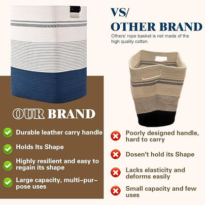 Degeyoyo Laundry Hamper, 95L Tall Laundry Basket with Leather Handles, Rectangle Large Clothes Hamper for Organizing, Cotton Woven Laundry Baskets Storage Hampers for Bedroom, Nursery, Living Room